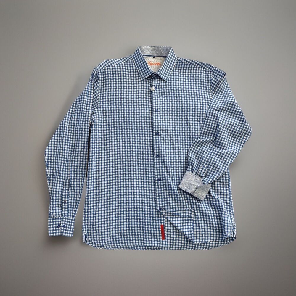 Visconti Men's XL Dress Shirt Blue Check Button Down Long Sleeve Paisley Trim